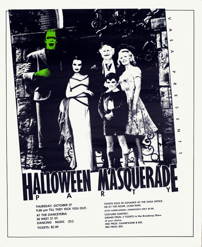 Posters depicts: Five people dressed in halloween costumes printed in blue ink, one is dressed as Frankenstein and his face and hand are green
