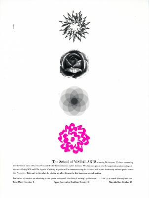 Advertisements depicts: Four different illustrations of flower shapes, one is distinctly a rose, the other three are abstract. The bottom flower is the SVA flower in pink 