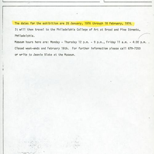 Press Releases depicts: Typewritten description of exhibition