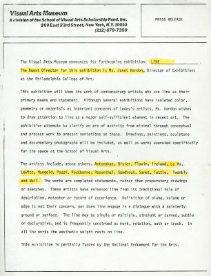 Press Releases depicts: Typewritten description of exhibition