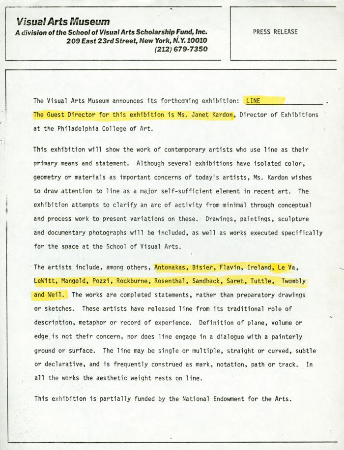 Press Releases depicts: Typewritten description of exhibition