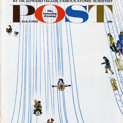 Serial Publications depicts: Vintage style illustration of many kids sledding down a snowy hill 