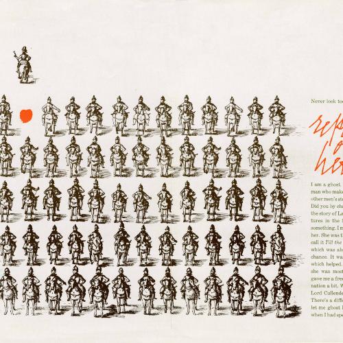 Serial Publications depicts: Rows of drawings of armored men on horses 