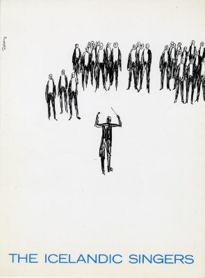 Programs depicts: Messy cartoon illustration of a conductor facing a large crowd of tuxedoed men 