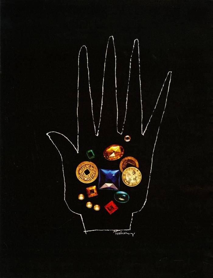 Serial Publications depicts: A line illustration of an open hand, images of jewels are collaged into the palm 