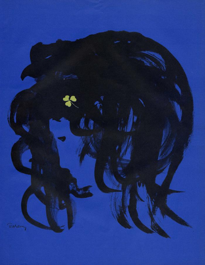 Serial Publications depicts: A messy ink painting of a woman with messy hair, a three leafed clover sits on her hair 