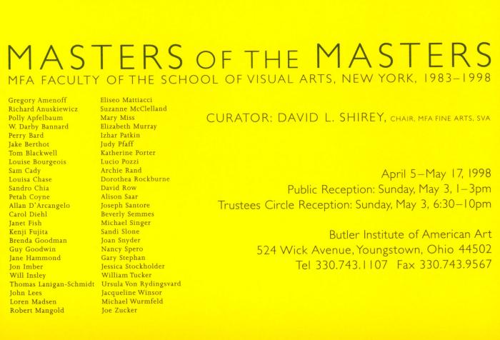 Prints depicts: Yellow card with title, list of artists, and exhibition information