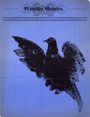 Serial Publications depicts: Bird sihouette in blotchy black ink on blue paper