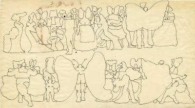 Original Art, Posters depicts: Fanciful figures, some with wings, drawn in black outlines