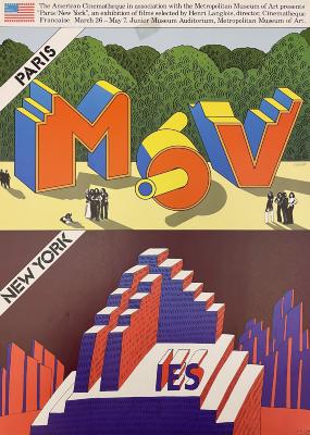Posters depicts: Poster divided into two halves. Top half are the letters MOV in three-dimensional shapes with small figures standing around them. The bottom is a three-dimensional stairstep object wit the letters IES atop it.