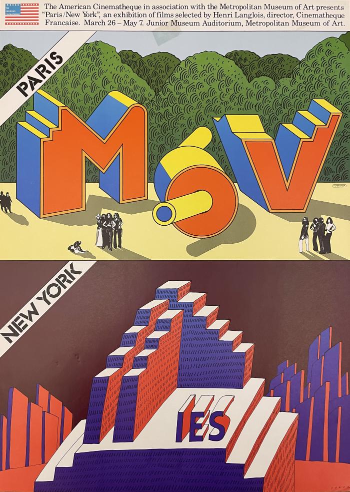 Posters depicts: Poster divided into two halves. Top half are the letters MOV in three-dimensional shapes with small figures standing around them. The bottom is a three-dimensional stairstep object wit the letters IES atop it.