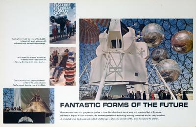 Posters depicts: Photographs of people viewing different capsules and the lunar lander