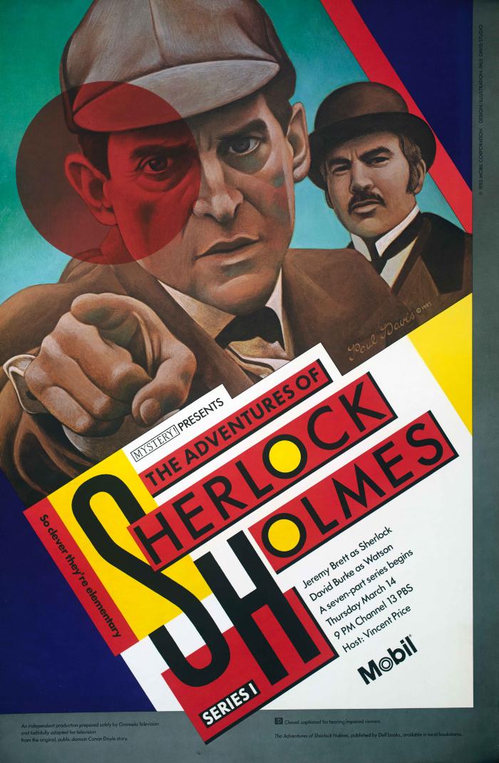 Posters depicts: Illustration of Sherlock and Watson with colorful geometric design around them 