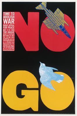 Posters depicts: "NO" written in pink with a fighter jet over it "GO" written in yellow with a bird over it 