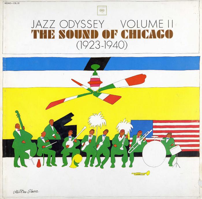 Album Covers depicts: black outlined jazz band members in green suits against a yellow wall with an American flag on it. A ceiling fan is placed overhead.