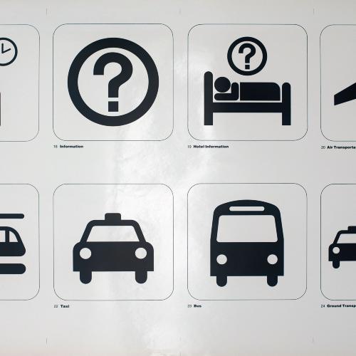 Posters depicts: two by four grid of transportation symbols: waiting room, information, hotel information, air transportation, heliport, taxi, bus, ground transportation
