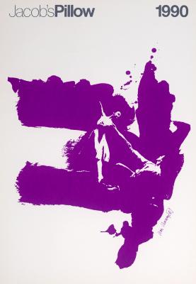 Posters depicts: Two dancers holding hands in white knocked out from swathes of magenta watercolor