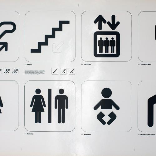 Posters depicts: two by four grid of transportation symbols: escalator, stairs, elevator, men's toilets, women's toilets, gender neutral restroom, nursery, drinking fountain