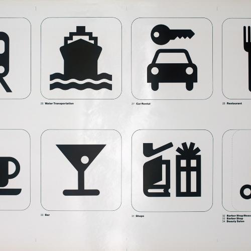 Posters depicts: two by four grid of transportation symbols: rail transportation, water transportation, car rental, restaurant, coffee shop, bar, shops, barber shop/beauty salon