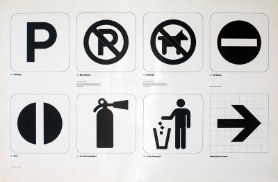 Posters depicts: two by four grid of transportation symbols: parking, no parking, no dogs, no entry, exit, fire extinguisher, litter disposal, directional arrow