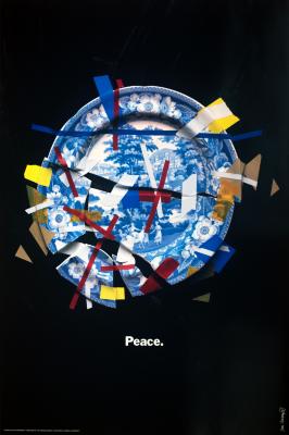 Posters depicts: Photograph of a broken plate held together by irregular strips of colorful tape. The word "peace" appears just below.