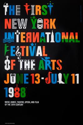 Posters depicts: Title and date of festival spelled out in multicolored, all caps typeface, where most of the letters are shaped like art-related objects