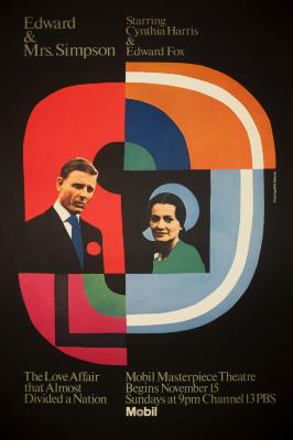 Posters depicts: Photographs of characters of Edward VIII and Wallis Simpson against colorful cut out shapes