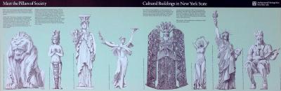 Posters depicts: Detailed line drawings of eight statues (including the Statue of Liberty and an NYPL lion)