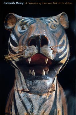 Posters depicts: Photograph of painted tiger head carved from wood