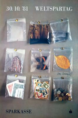 Posters depicts: A three by three grid of clear baggies tacked to a gray board, containing (from top left to bottom right) air, oil, water, rock, butterfly, leaf, paper money, postage stamps, coins