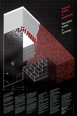 Posters depicts: A white grid on black backround with abstract collage of schematics and materials