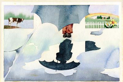 Original Art depicts: Watercolor of a person mostly hidden by an umbrella casting a shadow. The upper left corner has a picture of a cow standing in front of a body of water, with the upper right corner having a picture of a house with a fence and a flower in the foreground.