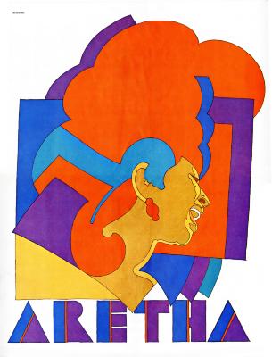 Posters depicts: portrait of Aretha Franklin in profile made of art deco style shapes filled with flat swaths of bright color