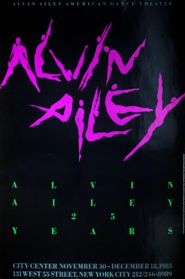 Posters depicts: The name Alvin Ailey spelled out in crudely drawn silhouettes, in purple ink on black background, of dancers in different poses, above title in green type