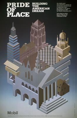 Posters depicts: M.C. Escher-like three-dimensional illustration of an amalgam of typical city buildings