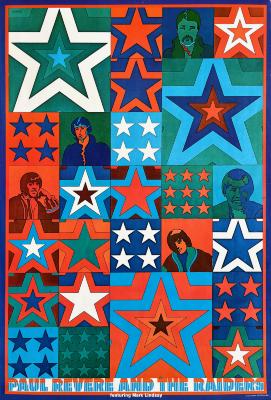 Posters depicts: Boxes filled with outlined stars in red, green, blue and white, plus portraits of the band members in psychedelic style.