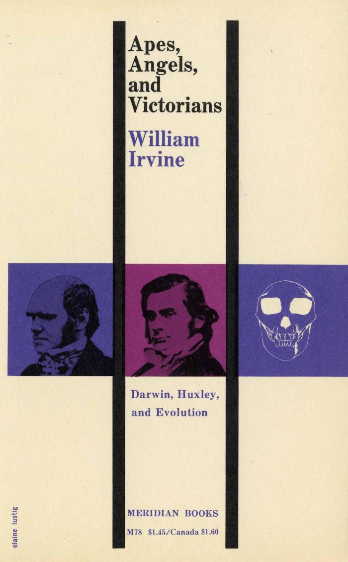 Book Covers depicts: Three purple squares are lined up horizontally, the first two have portraits of Victorian men, the third has a white illustration of an ape skull