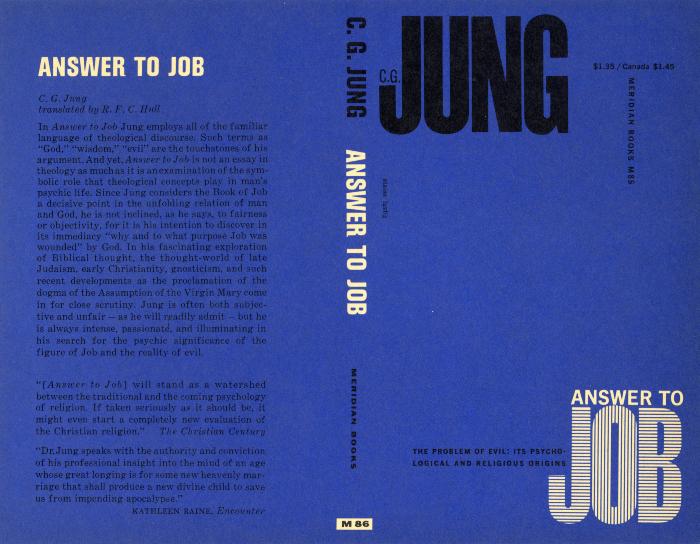 Book Covers depicts: Blue background with the phrase "Jung" in blocky black text in the top left, and "Answer to Job" in blocky white text in the bottom right