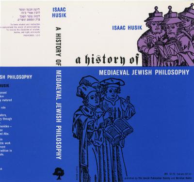 Book Covers depicts: A black woodblock carving of three medieval Jewish philosophers sit on a blue background, above is a different carving of three medieval Jewish philosophers colored in to be purple