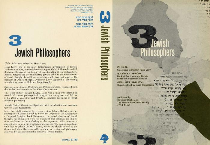Book Covers depicts: Various ripped pieces of paper are collaged on top of each other. Hebrew writing is seen through some. "3 Jewish Philosophers" is written boldly on one of the scraps of paper