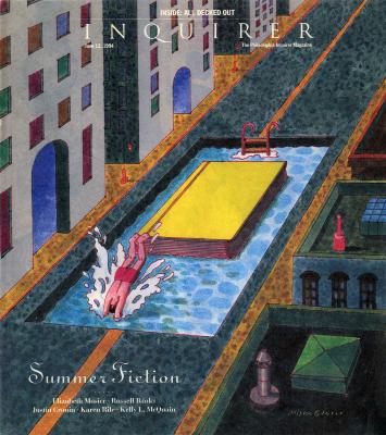 Serial Publications depicts: A swimming pool on the road between buildings. A swimmer dives off a giant book, which floats in the pool as if it were a dock.