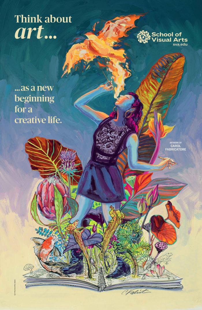Posters depicts: Fire breathing girl standing on top of a sketchbook with plants growing out of it
