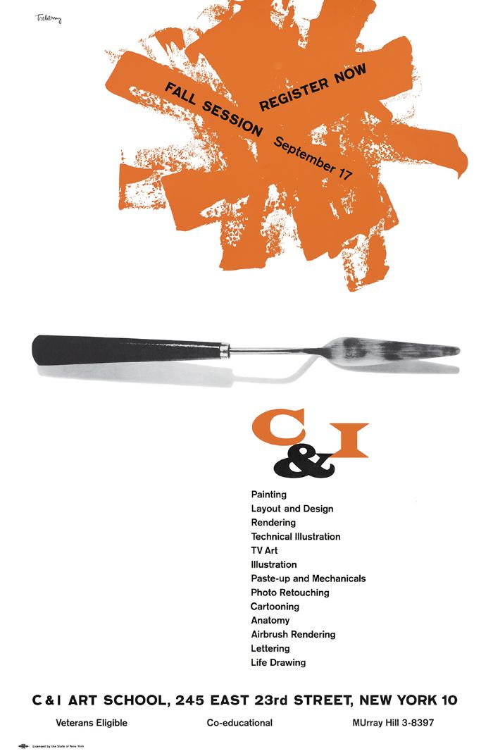 Posters depicts: Underneath an orange splatter of paint containing text, a photograph of a clean palette knife against a white background.