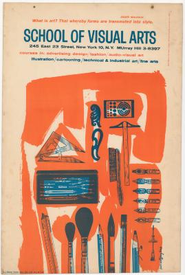 Posters depicts: Orange and blue print of various art tools against a white background.