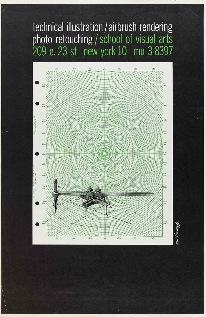 Posters depicts: A technical illustration of an ellipse compass against a sheet of green co-ordinate graph paper.