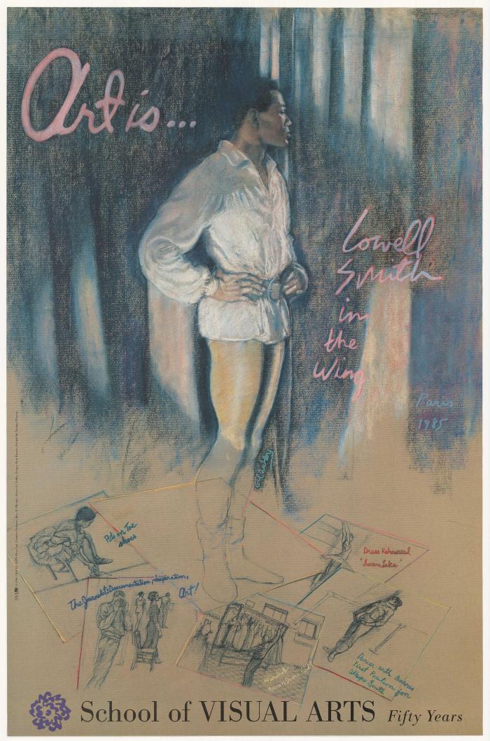 Posters depicts: Incomplete color pastel drawing of a man, against a blue curtain background, looking into the distance. He is standing on a pile of detailed drawings on the floor.