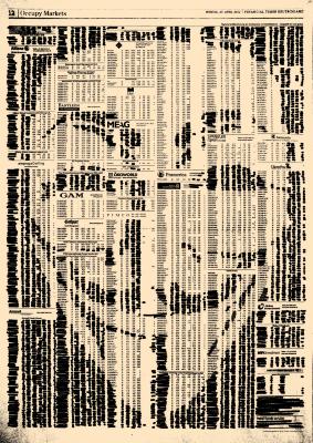 Posters depicts: On a page of the financial times, the guy Fawkes mask is drawn by crossing out phrases across the newspaper