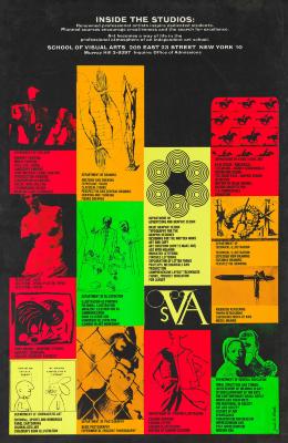 Posters depicts: Grid of art against a black background, including fashion illustration, photography and cartoons, in orange, red, yellow and green.