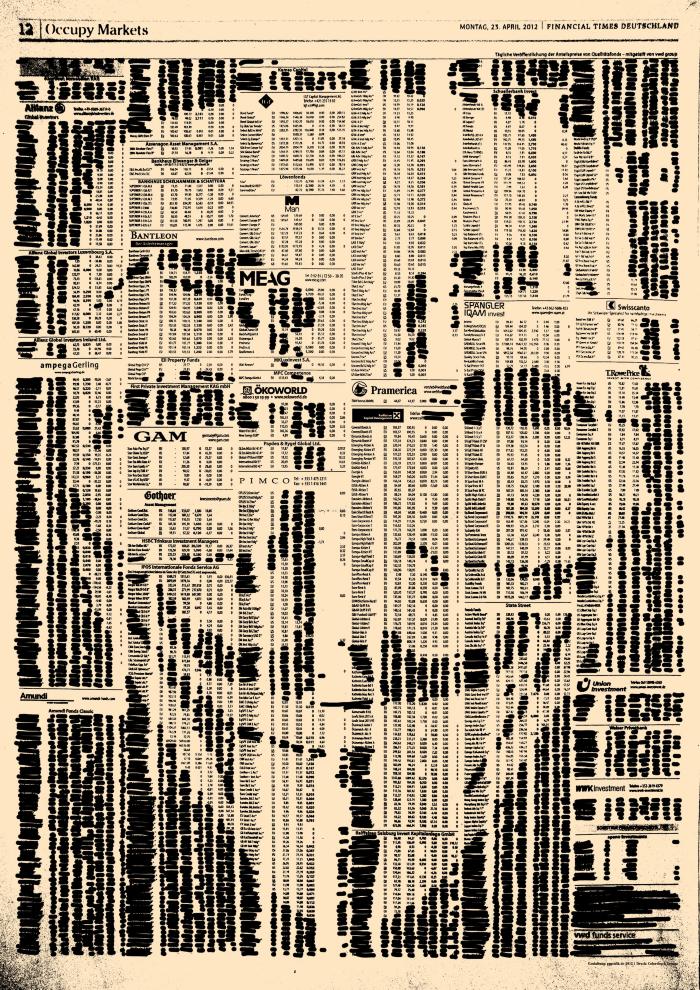 Posters depicts: On a page of the financial times, the guy Fawkes mask is drawn by crossing out phrases across the newspaper