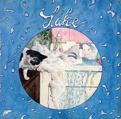 Album Covers depicts: A circular vignette of a black and white cat looking at an overflowing sink with bubbles in it. The band's title is written above in water droplets.